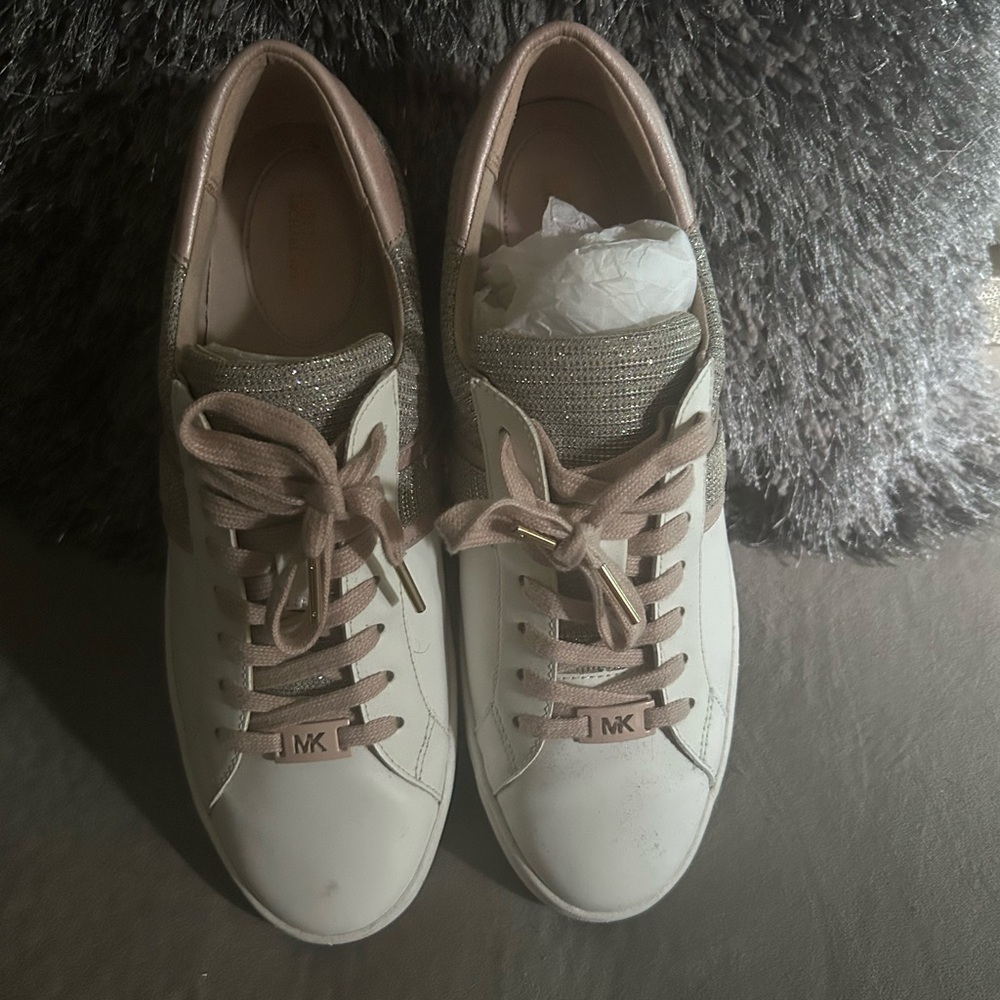 Michael Kors White and Pink Lace-Up Sneakers